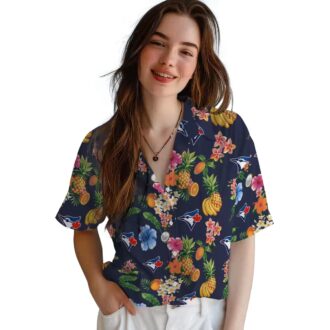 Official Toronto Blue Jays Hibiscus Navy Blue Hawaiian Shirt - Summer Tropical Beach Shirt for Fans