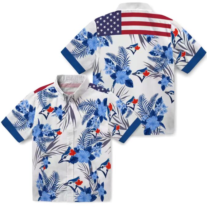 Patriotic Toronto Blue Jays Hawaiian Shirt - Summer Hibiscus Floral Print Beachwear MLB