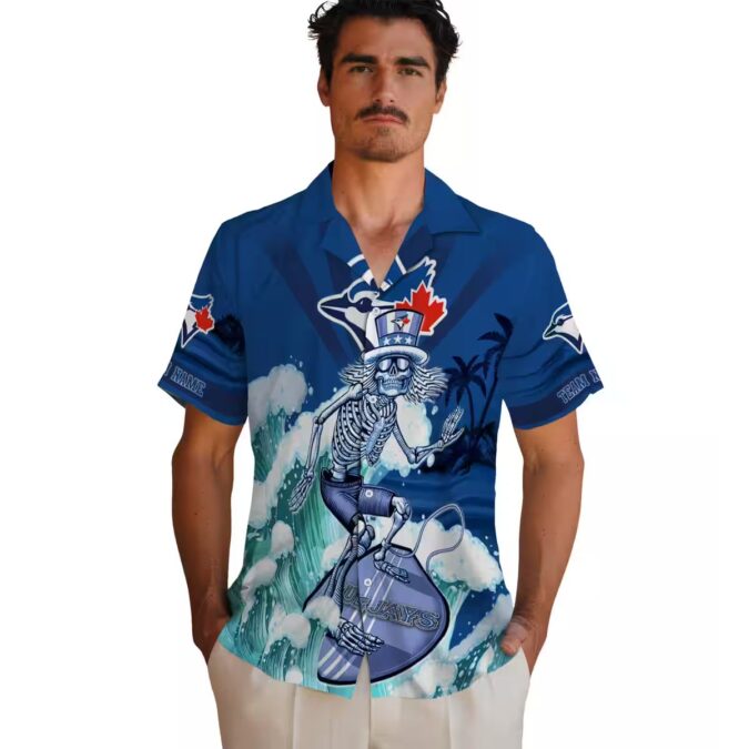 Personalized Toronto Blue Jays Skeleton Surfing Hawaiian Shirt - MLB Beach Apparel