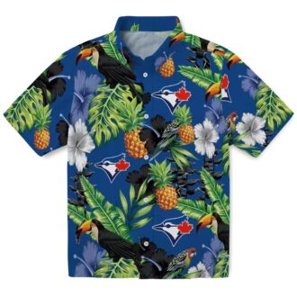 Toronto Blue Jays Aloha Button Up Shirt - Hibiscus Pineapple Print, Blue Green Tropical Beach Shirt