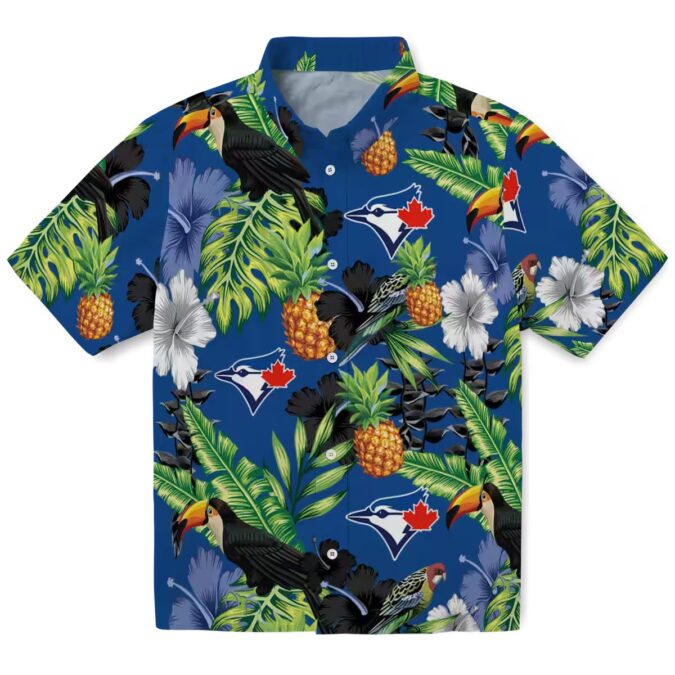 Toronto Blue Jays Aloha Button Up Shirt - Hibiscus Pineapple Print, Blue Green Tropical Beach Shirt