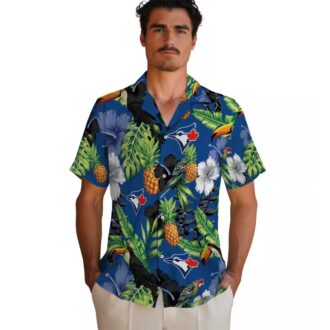 Toronto Blue Jays Aloha Button Up Shirt - Hibiscus Pineapple Print, Blue Green Tropical Beach Shirt