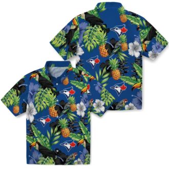 Toronto Blue Jays Aloha Button Up Shirt - Hibiscus Pineapple Print, Blue Green Tropical Beach Shirt