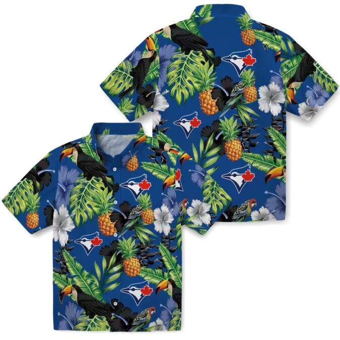 Toronto Blue Jays Aloha Button Up Shirt - Hibiscus Pineapple Print, Blue Green Tropical Beach Shirt