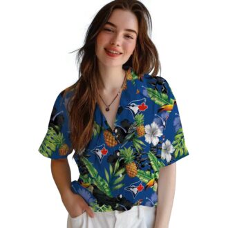 Toronto Blue Jays Aloha Button Up Shirt - Hibiscus Pineapple Print, Blue Green Tropical Beach Shirt