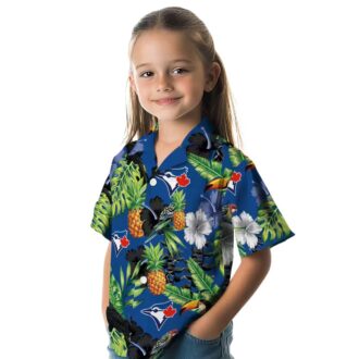 Toronto Blue Jays Aloha Button Up Shirt - Hibiscus Pineapple Print, Blue Green Tropical Beach Shirt