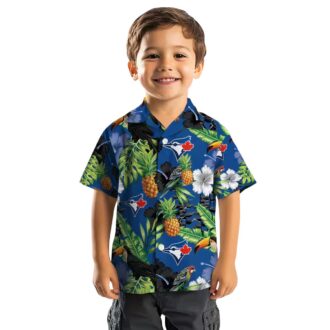 Toronto Blue Jays Aloha Button Up Shirt - Hibiscus Pineapple Print, Blue Green Tropical Beach Shirt