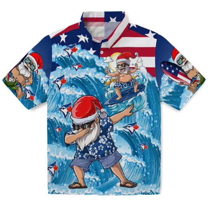 Tropical Surfing Santa Blue Jays Hawaiian Shirt - Holiday Vacation Fan Gear