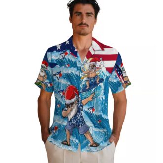 Tropical Surfing Santa Blue Jays Hawaiian Shirt - Holiday Vacation Fan Gear