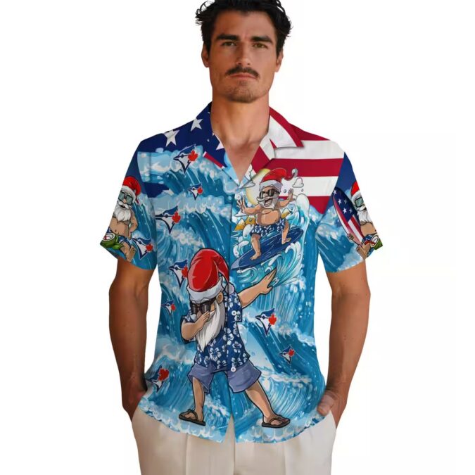 Tropical Surfing Santa Blue Jays Hawaiian Shirt - Holiday Vacation Fan Gear