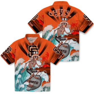 Men's San Francisco Giants Hawaiian Shirt with Orange Blue Skeleton Surfing Tropical Print