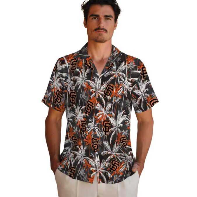 San Francisco Giants Floral & Palm Pattern Hawaiian Shirt - Orange Black MLB Vacation Wear