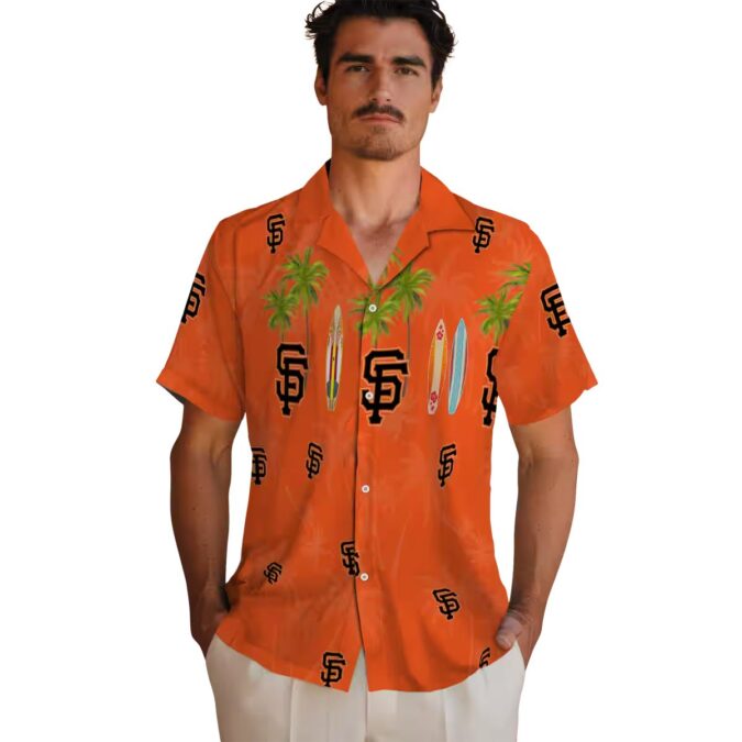 San Francisco Giants MLB Hawaiian Shirt with Orange Surfboard & Palm Tree Print