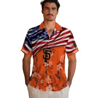 Unique Tropical San Francisco Giants Hawaiian Shirt - Custom MLB Hibiscus US Flag Orange Beachwear