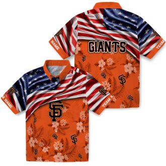 Unique Tropical San Francisco Giants Hawaiian Shirt - Custom MLB Hibiscus US Flag Orange Beachwear