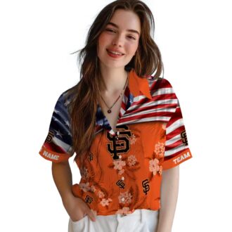 Unique Tropical San Francisco Giants Hawaiian Shirt - Custom MLB Hibiscus US Flag Orange Beachwear