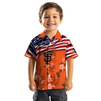 Unique Tropical San Francisco Giants Hawaiian Shirt - Custom MLB Hibiscus US Flag Orange Beachwear