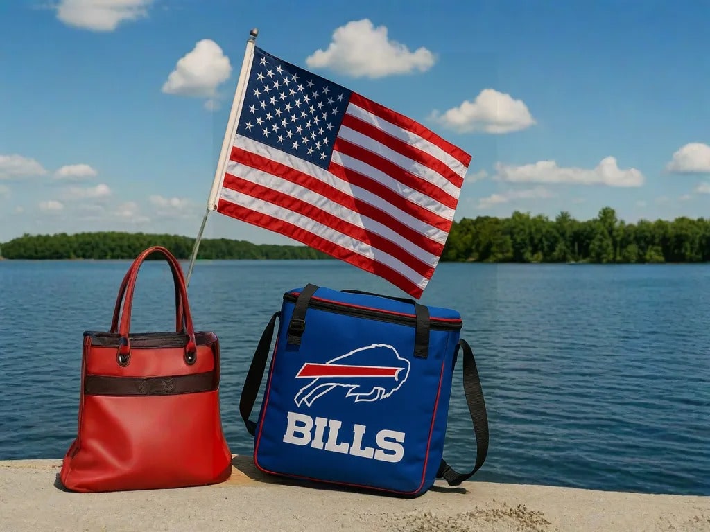 Buffalo Bills cooler bag and American flag by the lake on 4th of July weekend