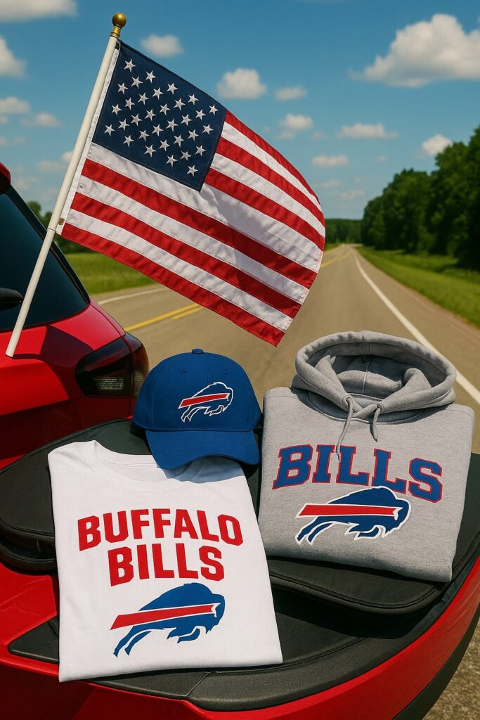 Buffalo Bills apparel laid out on car trunk with American flag on summer highway