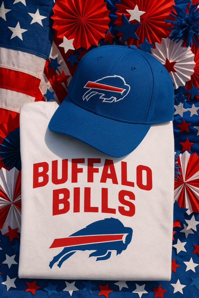 Buffalo Bills T-shirt and cap with patriotic party decorations for Independence Day