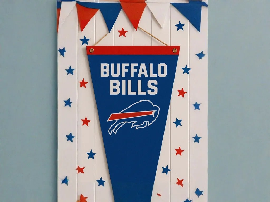 Buffalo Bills pennant flag on white wall with red, white, and blue star decorations