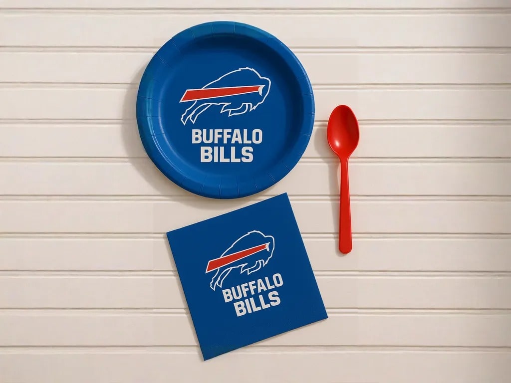 Buffalo Bills paper plate, napkin, and red spoon set for 4th of July tailgate party
