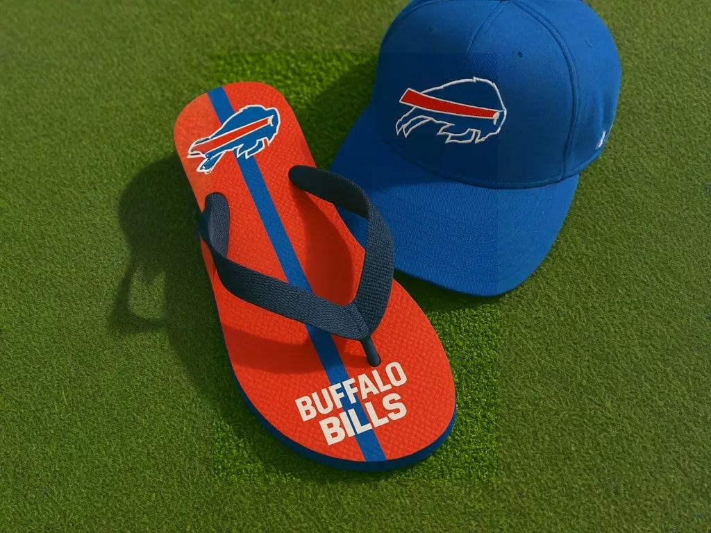 Buffalo Bills flip flop and baseball cap on turf for summer gameday travel outfits