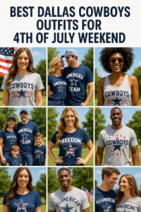 Collage showing ten Dallas Cowboys fans of all ages in patriotic Cowboys outfits for 4th of July events.