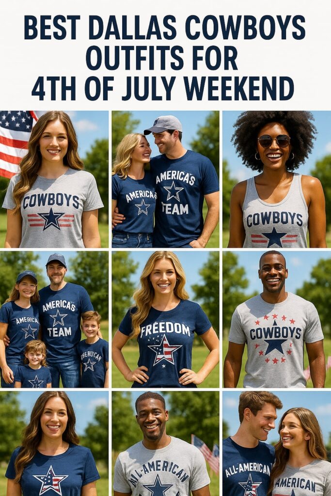 Collage showing ten Dallas Cowboys fans of all ages in patriotic Cowboys outfits for 4th of July events.