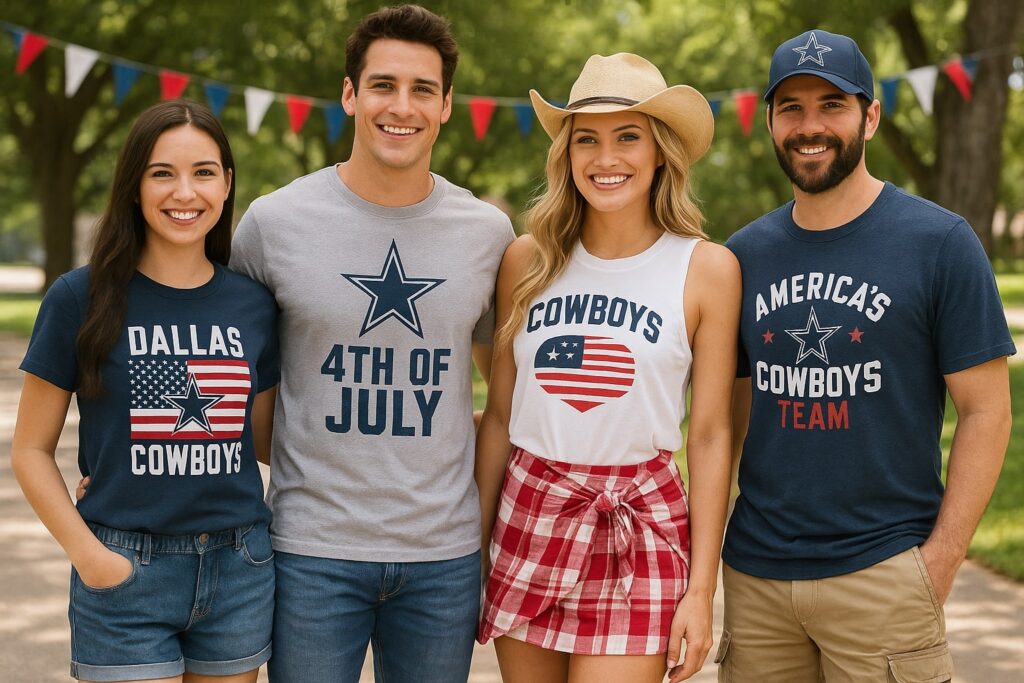 Group of friends dressed in Dallas Cowboys 4th of July shirts, enjoying a sunny holiday picnic in team spirit.