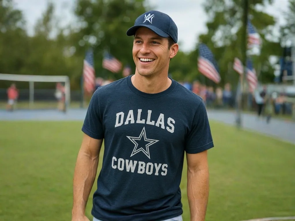 Smiling young man in Dallas Cowboys cap and T-shirt standing in front of waving American flags during a July 4th event.