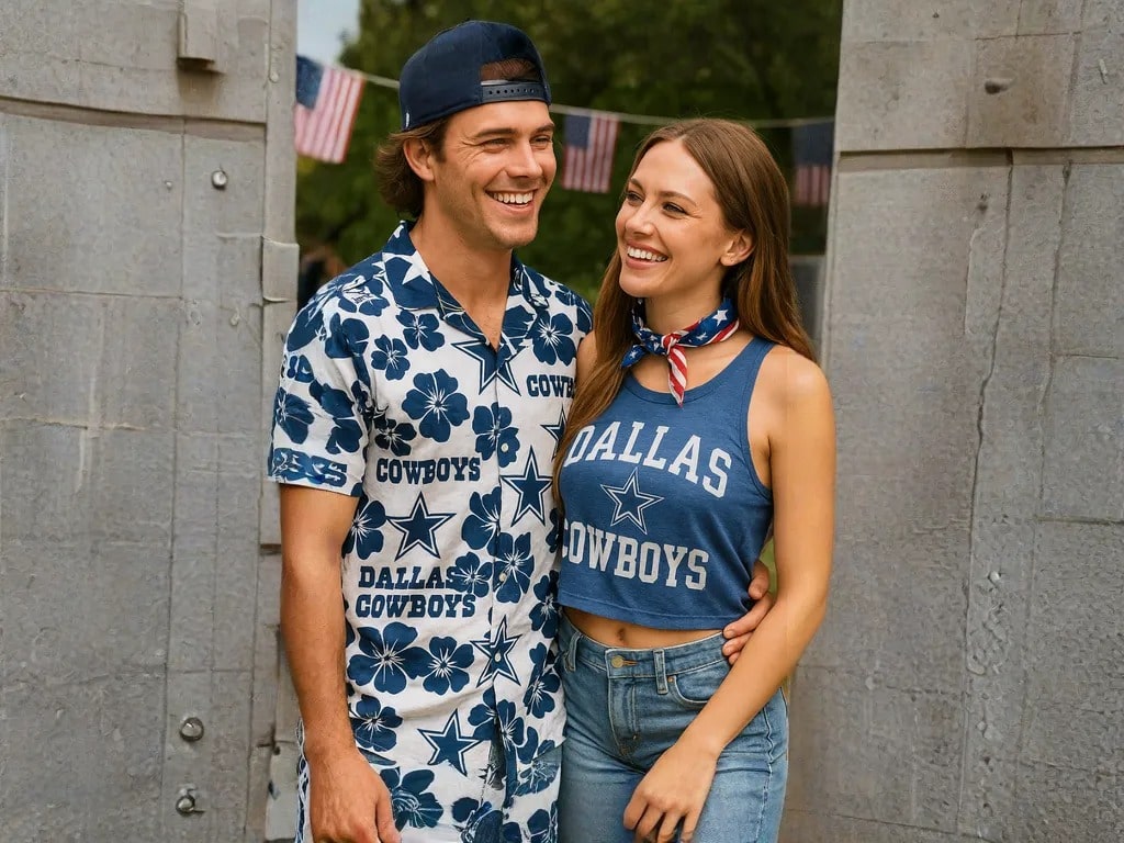 Young couple wearing matching Dallas Cowboys Hawaiian shirts and denim, smiling at a 4th of July backyard celebration.