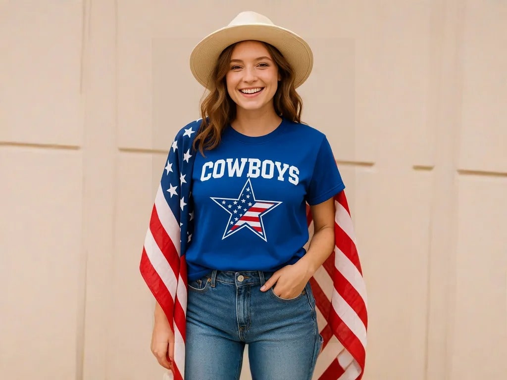 Woman wearing a blue Dallas Cowboys T-shirt with American flag detail, styled for Independence Day in the summer sun.