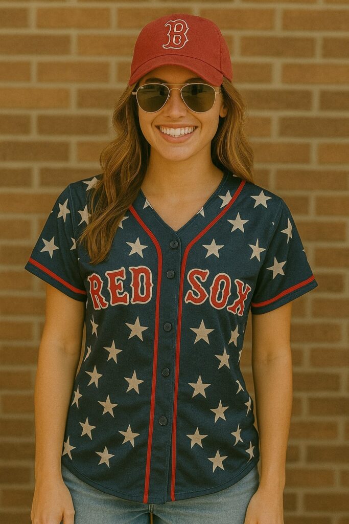 Woman in navy Red Sox baseball jersey with star prints and a red cap, standing in relaxed pose for game day.