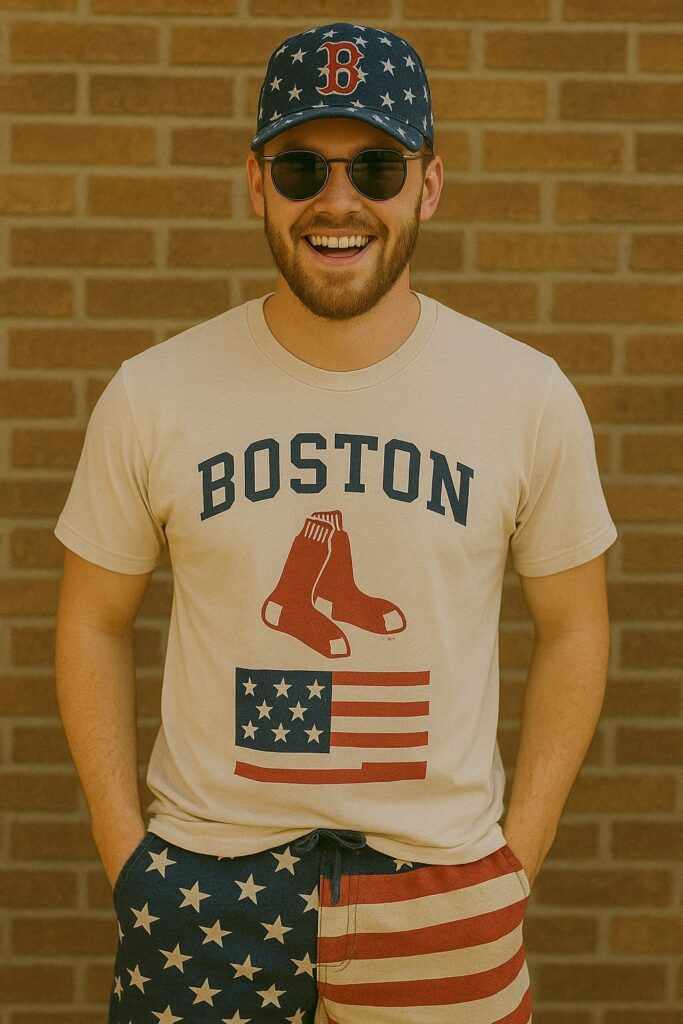 Cheerful man in cream Red Sox flag shirt and coordinating shorts, sporting a star cap and sunglasses.