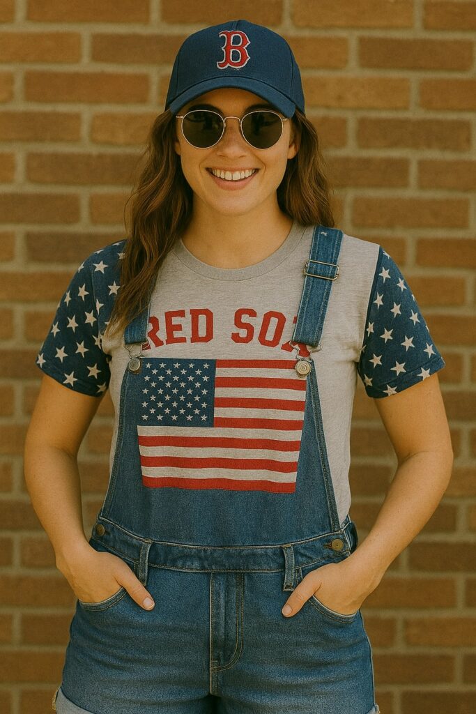 Red Sox supporter wearing denim overalls and a star-sleeved tee with American flag print, casual July 4 style.