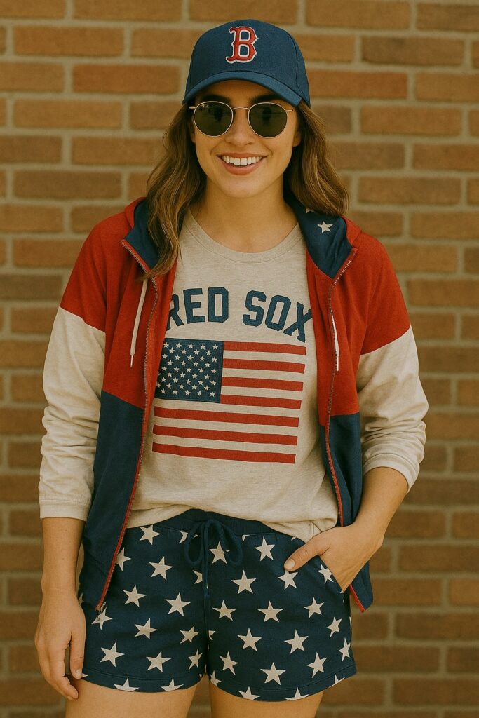 Young fan in tricolor Red Sox windbreaker, patriotic shorts, and navy cap, smiling confidently in natural lighting.