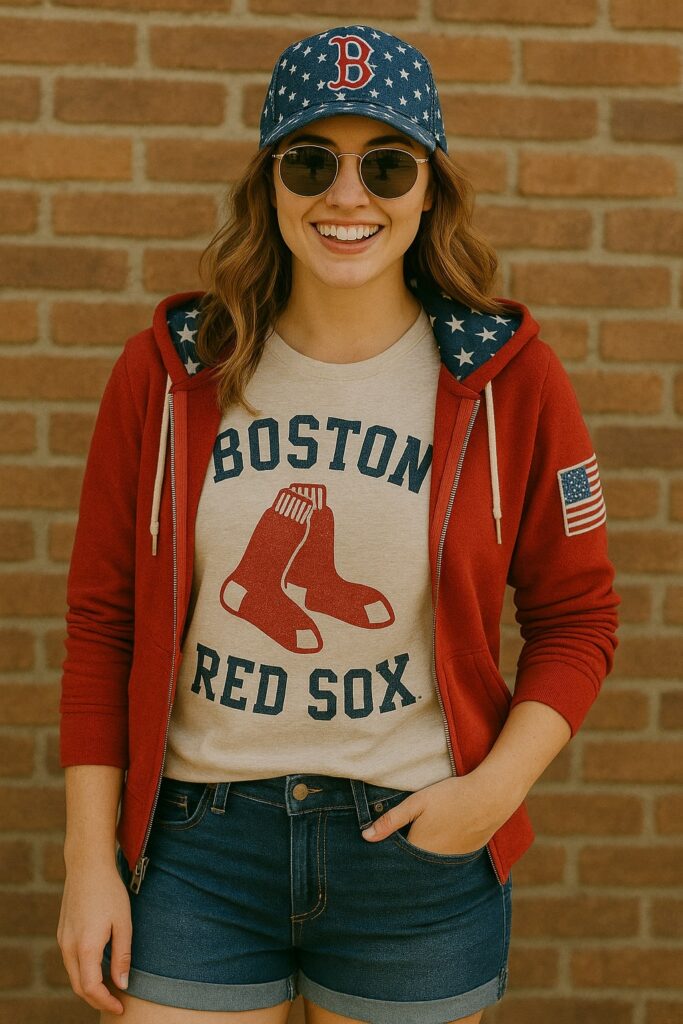 Woman in Red Sox hoodie with American flag sleeve patch, wearing denim shorts and a vintage cream team shirt.