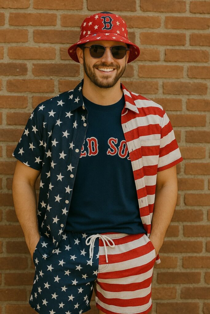 Man dressed in stars and stripes Red Sox outfit, with bucket hat and classic navy tee, showing off patriotic flair.