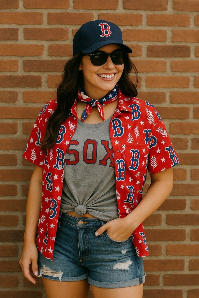 Woman in red Boston Red Sox Hawaiian shirt and distressed denim shorts, rocking a tied gray tee and star bandana.