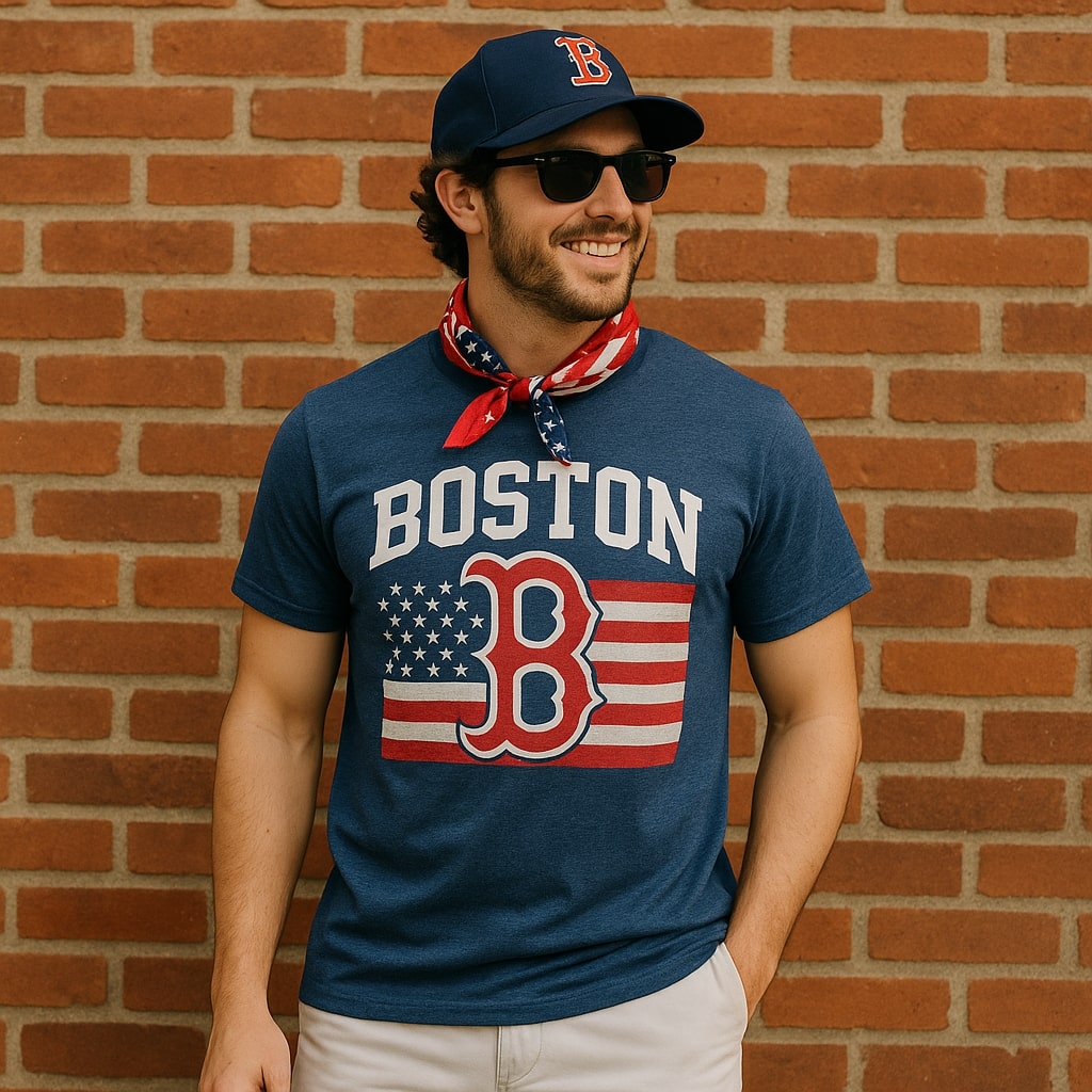 Red Sox fan in navy graphic T-shirt with USA flag and red bandana around neck, posing casually in summer light.