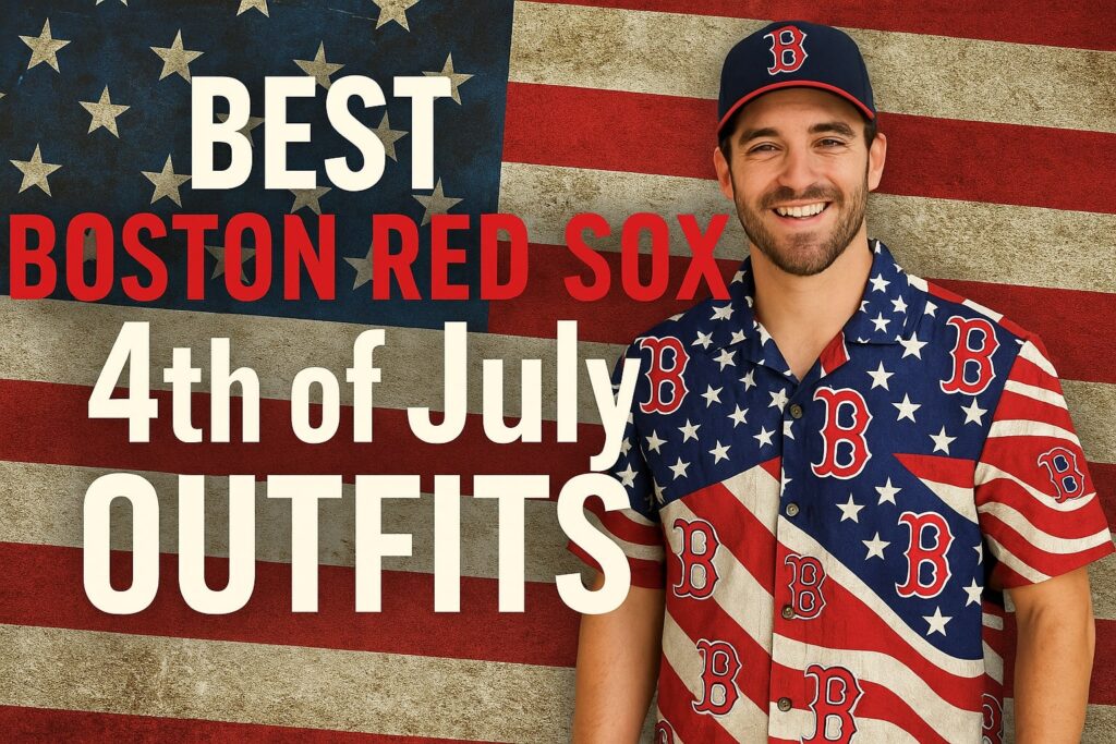 Fan in a bold Red Sox Hawaiian shirt and khaki shorts, ready for backyard BBQ or Fenway Park fireworks.