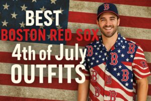 Fan in a bold Red Sox Hawaiian shirt and khaki shorts, ready for backyard BBQ or Fenway Park fireworks.