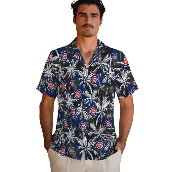 Chicago Cubs Palm Pattern Blue Black Hawaiian Shirt - MLB Tropical Summer Shirt for Men