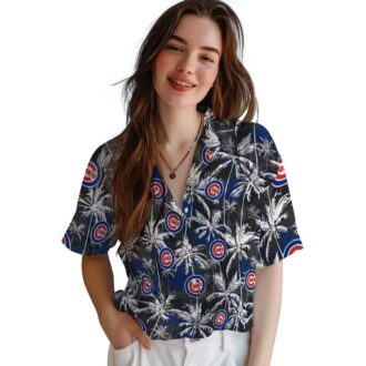 Chicago Cubs Palm Pattern Blue Black Hawaiian Shirt - MLB Tropical Summer Shirt for Men