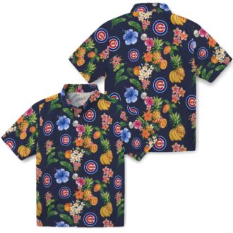 Shop Chicago Cubs Navy Blue Hawaiian Shirt with Hibiscus & Tropical Fruit Print