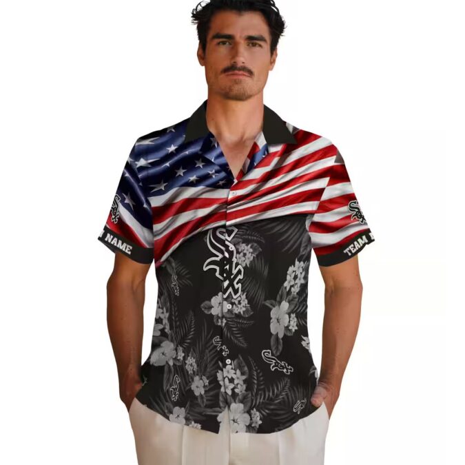 Custom Chicago White Sox Black Hawaiian Shirt with US Flag & Hibiscus Print