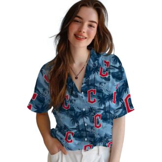 Cleveland Guardians Hawaiian Shirt - Navy Blue Tropical Coastal Palms Fan Gear