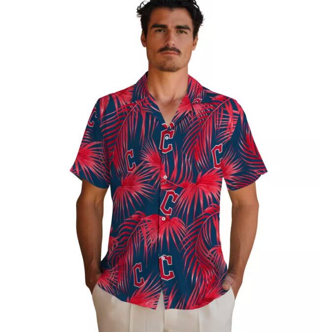 Cleveland Guardians Leafy Palms Hawaiian Shirt - Navy Blue MLB Team Vacation Shirt
