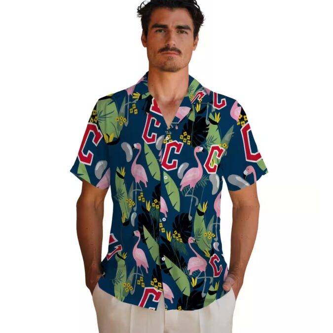 Cleveland Guardians MLB Fan Shirt - Navy Blue Flamingo Leaves Tropical Hawaiian Shirt for Beach & Tailgate